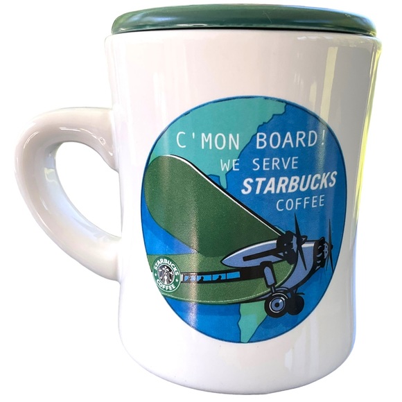 Starbucks Vintage 2001 Barista C'Mon Board Diner Style Coffee Mug Airplane - Picture 1 of 15